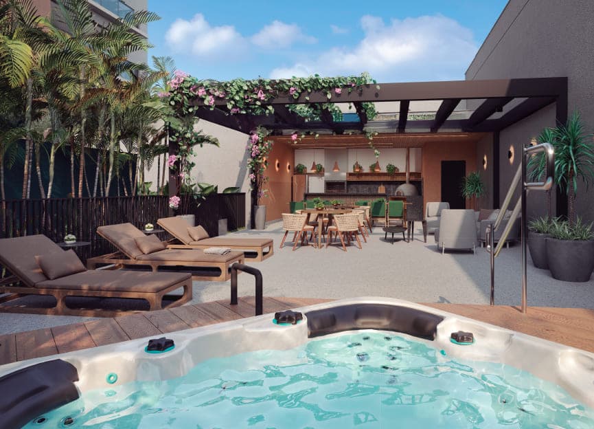 Terraço com spa, espreguiçadeiras e pergolado florido sobre a área gourmet