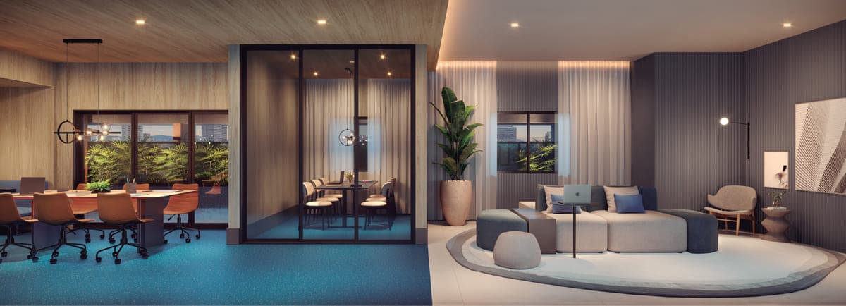 Coworking com sala de reunião, sala de vidro fechada e lounge com sofá modular