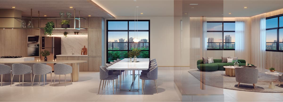 Living integrado de apartamento decorado com cozinha, mesa de jantar para oito e sofá verde