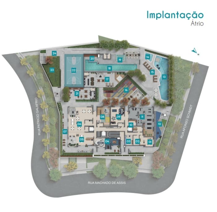 Implantação do átrio: piscinas adulto e infantil com solário, quadra recreativa, academia com fitness externo, spa e sauna, e a faixa de salões e áreas gourmet ao centro.