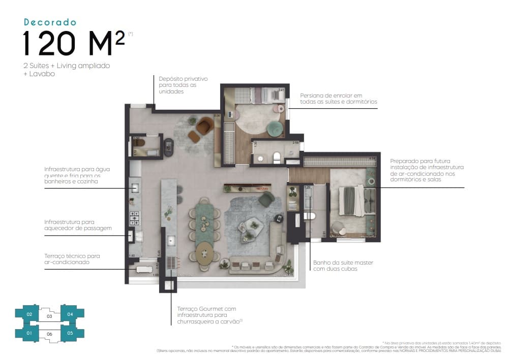A planta opção de 120 m² representada decorada, com mobiliário e acabamentos.