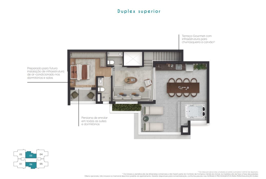 Pavimento superior da duplex de 171 m², com estar, terraço descoberto e área de lazer privativa.