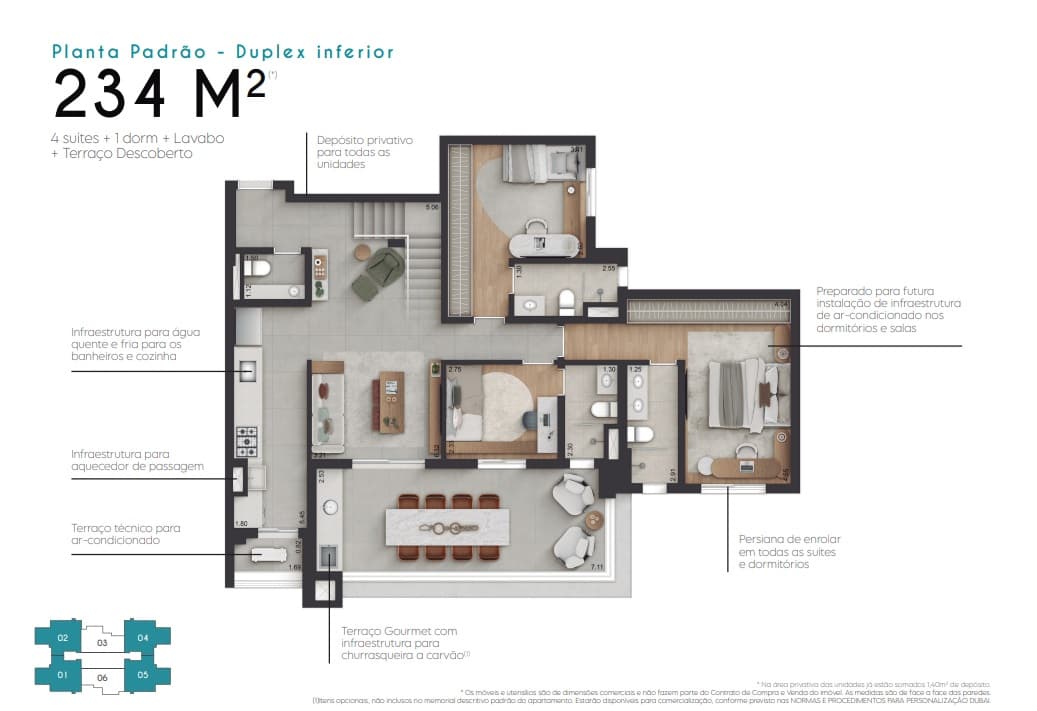 Pavimento inferior da duplex de 234 m²: quatro suítes, um dormitório, lavabo e terraço gourmet.