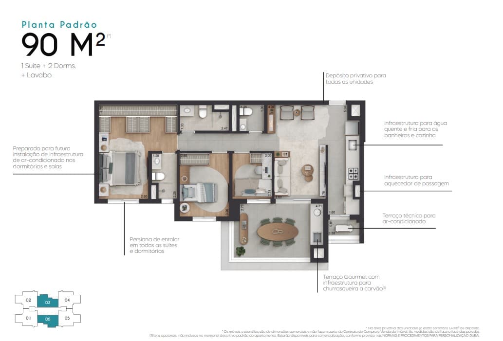 Planta padrão de 90 m²: suíte, dois dormitórios, lavabo, cozinha integrada ao living e terraço gourmet.